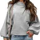 EVALESS Women's 2024 Lantern Long Sleeve Crewneck Sweater Casual Solid Color Ribbed Hem Knitwear Pullover Cropped Tops (Smal, Gray)