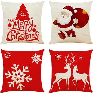 Ogrmar 4PCS 18"x18" Throw Pillow Covers Christmas Decorative Couch Pillow Cases Cotton Linen Pillow Square Cushion Cover for Sofa, Couch, Bed and Car