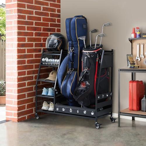 Lauren&Harold Golf Bag Organizer Garage Storage, Golf Storage Rack Stand Fits 2 Golf Bags, Golfs Clubs and Other Golfing Equipment Accessories, Golf Organizer for Garage, Club, Shed, Basement, Black