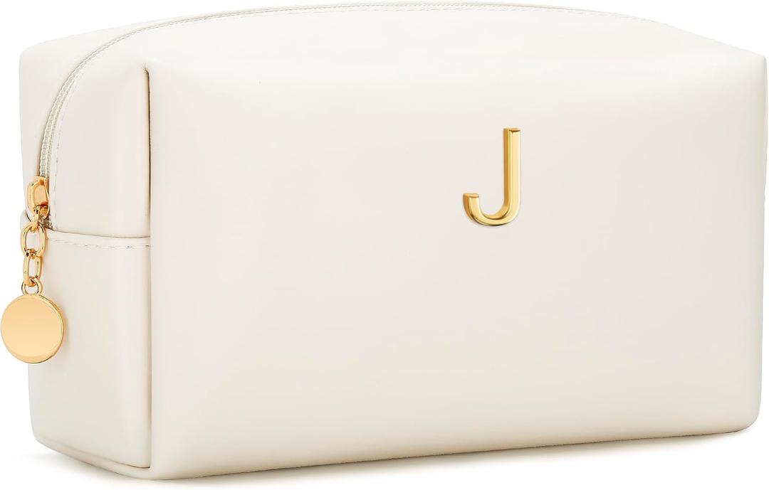 Gifts for Women Bridesmaid Gifts Personalized Initial Makeup Bag PU Leather Cosmetic Waterproof Travel Toiletry Bag (Beige J)