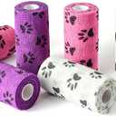 WePet Pet Wrap, Self-Adhesive, Only Sticks to Itself, Non-Woven Tape for Dog Legs, Paws, Wounds, First Aid Cohesive Gauze for Horse, Cat, Bird, Animal, 6 Rolls, 4 Inch, Pawprints B (Pawprints B, 2 of Each Color)