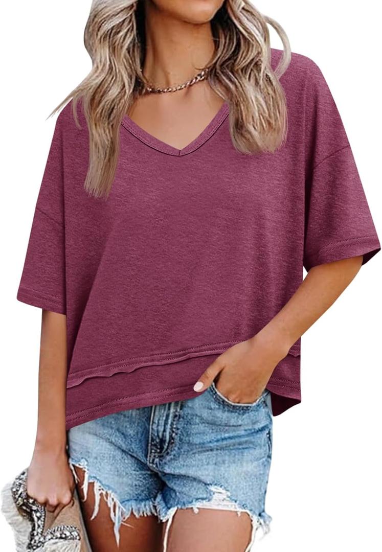 Cicy Bell Womens Summer V Neck T Shirts Casual Short Sleeve Flowy Tops Cute Loose Fit Basic Tees (Medium, Burgundy)