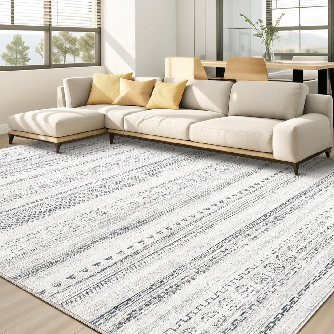 9x12 Washable Area Rug: Non Slip Soft Thin Carpet, Boho Geometric Modern Decor, Easy Clean Indoor Floor Large Rugs for Living Room Bedroom Kids Dorm Office Dining - Grey