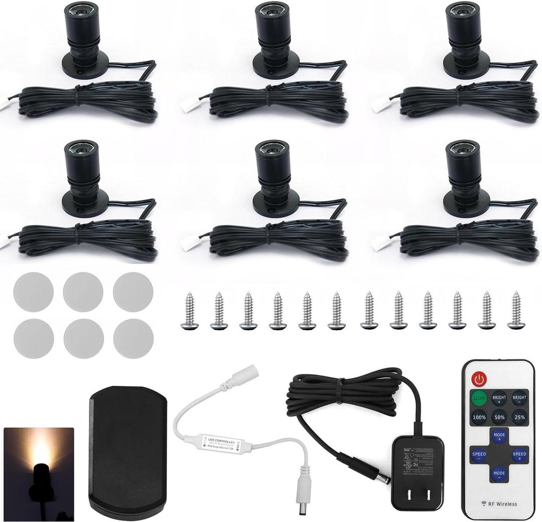 Dimmable Mini Jewelry Display Lights, 6-Pack 1.5W Adjustable Mini Spotlights, Warm White Spotlight, Led Spotlight for Counter Cabinet Showcase with Brightness Remote Controller