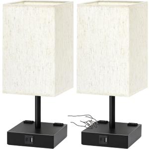 Soilsiu Bedside Table Lamps Set of 2 - Touch Nightstand Lamp for Bedroom with USB C+A Charging Ports & AC Outlets, 3-Way Dimmable Desk Lamp Flaxen Fabric Shade for Living Room Office(Bulb Included)