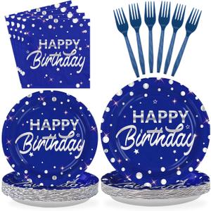 Grencian 96Pcs Blue and Silver Birthday Party Decorations Silver Polka Dots on Blue Paper Plates and Napkins Disposable Tableware for Women Men Birthday Party Graduation Decorations 2026 Serves 24