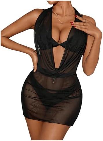 OYOANGLE Women's Sheer Mesh Halter Swimsuit Cover Up Dress Draped Front Backless Ruched Bathing Suit Coverups (Large)