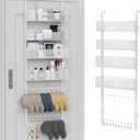 Over the Door Organizer, 2 in 1 Metal Hanging Closet Organizer & Hat Rack with 4 Adjustable Baskets, 8 Hooks, 10 Clips, Behind The Door Storage for Bedroom, Bathroom, Entrance, Closet, Kitchen, White