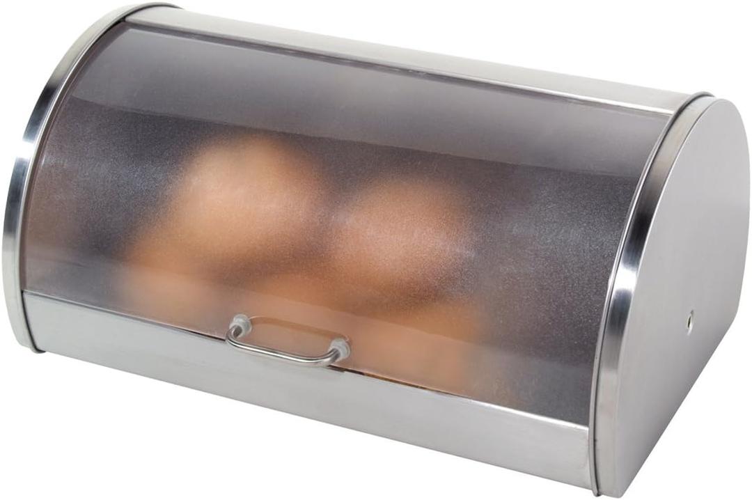 Oggi Stainless Steel Roll Top Bread Box for Kitchen Countertop with Frosted Plexilass Lid - Fits Multiple Loaves of Bread and Other Freshly Baked Goods Including Cookies, Bagels, Muffins, 15-Inch by 7-1/4-Inch by 1-Inch