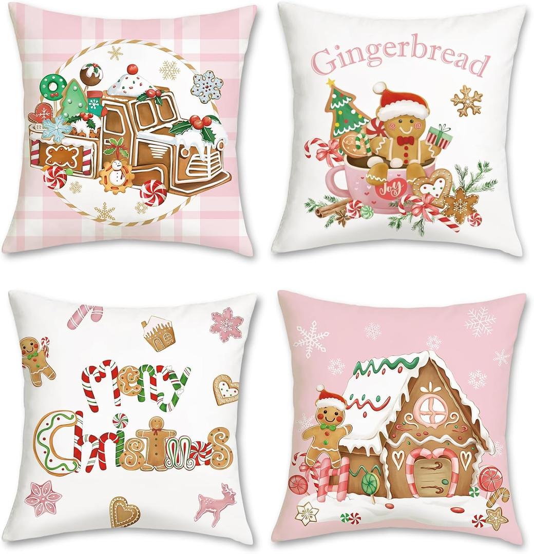 Bonhause Christmas Gingerbread Throw Pillow Covers 18 x 18 Inch Truck Gingerbread House Hot Cocoa Pink Decorative Pillow Cases for Couch Bed Home Winter Holiday Decor Set of 4