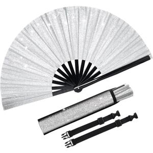 Fumwase Glitter Large Rave Fan Rave Hand Fan for Men Women Rave Accessories for Women with Leg Strap and Fabric Case Bag for Music Festival Weddings Performance Decoration (Silver)