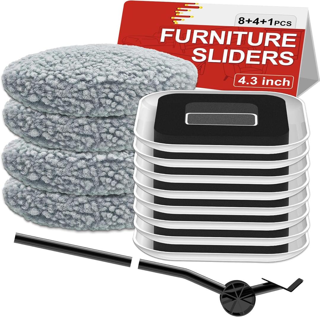 New Upgrade Furniture Sliders, Multi-Surface 3-in-1 Furniture Movers Sliders, Heavy Moving Pads with 8PCS 4.3" Carpet Sliders+4PCS Hard Floor Socks+1 Lifter, Protect Floor and Easily Move Furniture