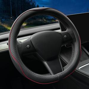 LKWLIKEI Nappa Leather Ultra-Thin Steering Wheel Cover, for Tesla Model 3/Y Steering Wheel Cover, Non-Slip Design and Interior Modification of car Accessories Black and Red