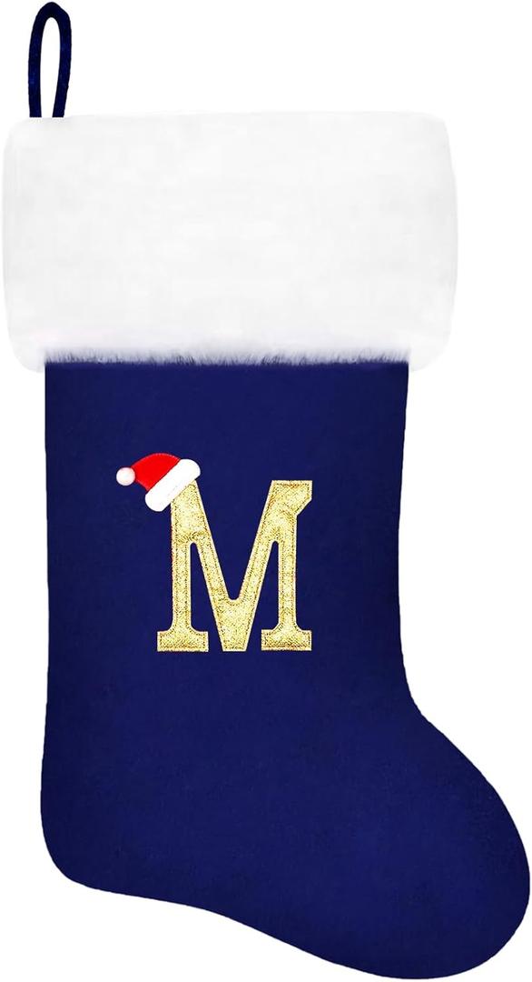 20 Inches Monogram Christmas Stockings Blue Velvet with White Super Soft Plush Cuff Embroidered Xmas Stockings Classic Personalized Stocking Decorations for Family Holiday Season Decor(M)