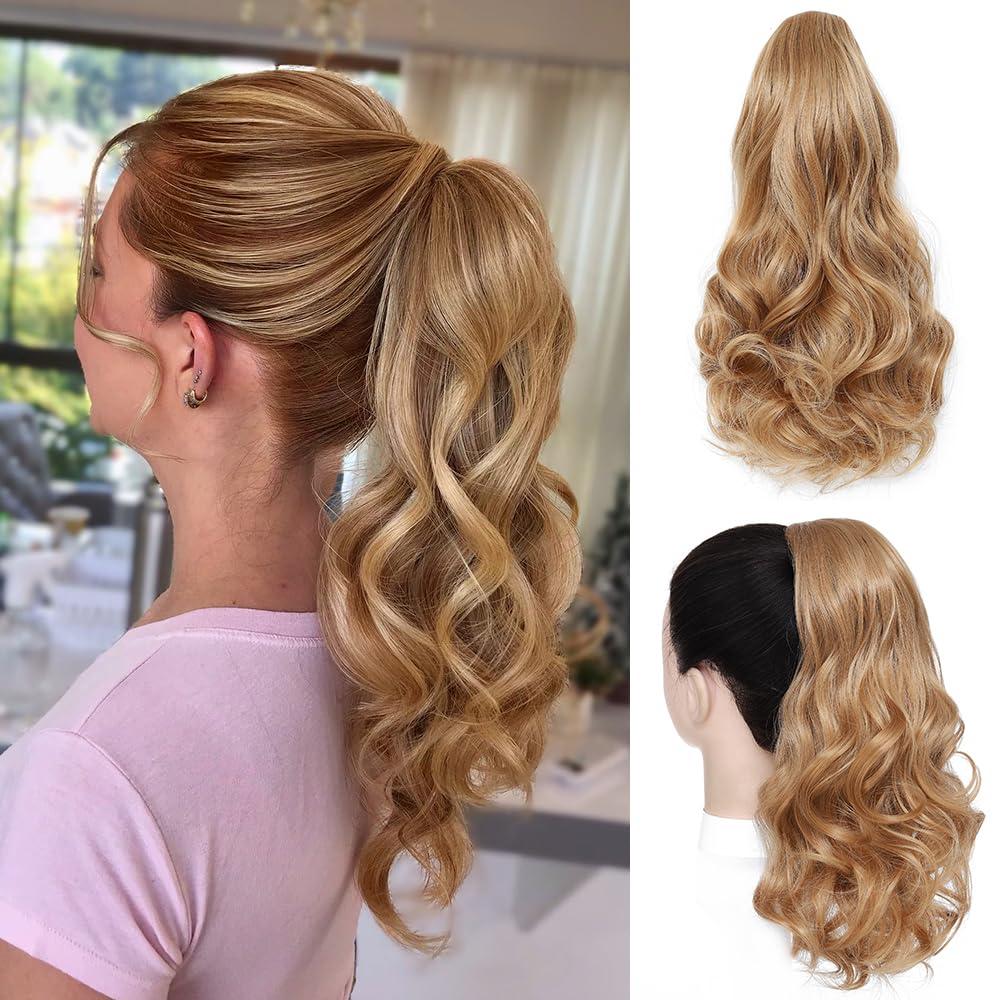 Drawstring Ponytail Extension 16 Inches Wavy Curly Ponytail Hair Extensions Synthetic Drawstring Pony Tails Hair Extensions for Daily Use(Golden Blonde)