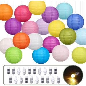 LIHAO 20PCS Colorful Paper Lanterns with Lights, Hanging Chinese Paper Lanterns for Party Decorations Weddings Birthday New Year Outdoor Home Indoor (10 inches)