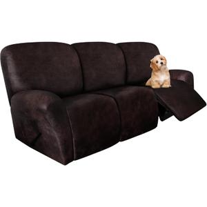 molasofa Recliner Sofa Covers - 8 Pieces Stretch Leather Like Large Couch Covers for 3 Seats Reclining Slipcovers Soft Jacquard Pattern Furniture Protector with Elastic Bottom (Chocolate)