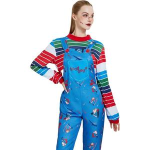 Women's Killer Doll Costume,Blue Cartoon Jumpsuit with Striped Shirt, Movie Inspired Cosplay Outfit (X-Large)