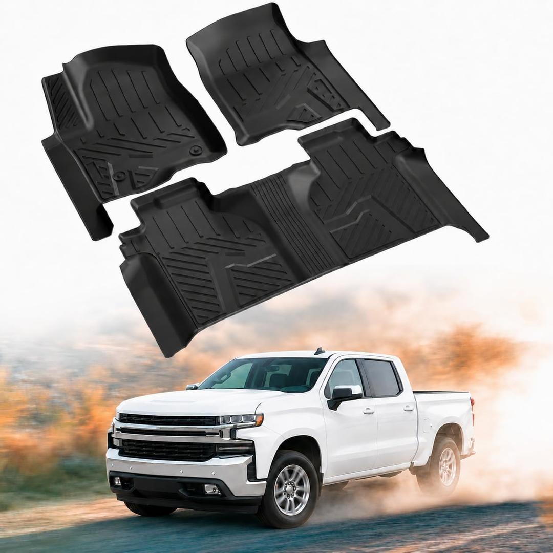 Floor Mats for Chevy Silverado/GMC Sierra 1500 2019-2026 Crew Cab, 2019-2025 GMC Sierra 2500/3500 HD Crew Cab TPE All Weather Floor Liner (Rear Row with Factory Storage)—1st & 2nd Row