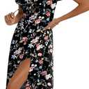 BLENCOT Womens Casual Summer Square Neck Short Sleeve Split Thigh Cotton Dress Boho Floral Print Tie Front Midi Dresses (Black, L)