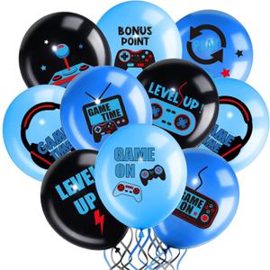 Aoriher 36 Pcs Video Game Balloons, 12 Inch Gaming Black Latex Theme Balloons Decorations for Teens Game Night Level Up Player Birthday Party Supplies(Blue)
