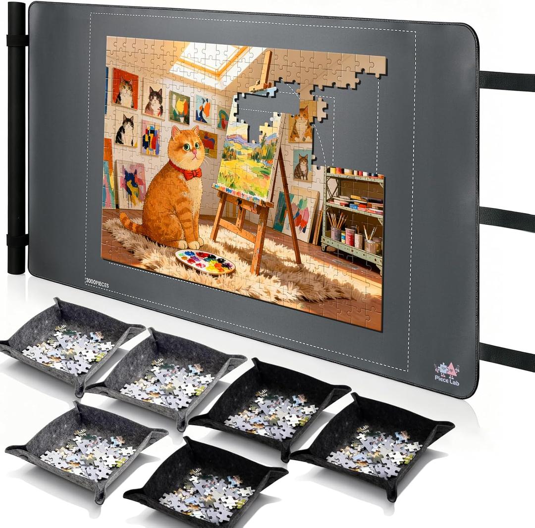 Jigsaw Puzzle Mat Roll Up,Puzzle Storage Saver for 55 x 35.5 Up to 3000 Pieces, Non-Slip Rubber Back & Smooth Polyester Surface with 6 Sorting Trays, Portable Puzzle Pad with Storage Bag for Adults