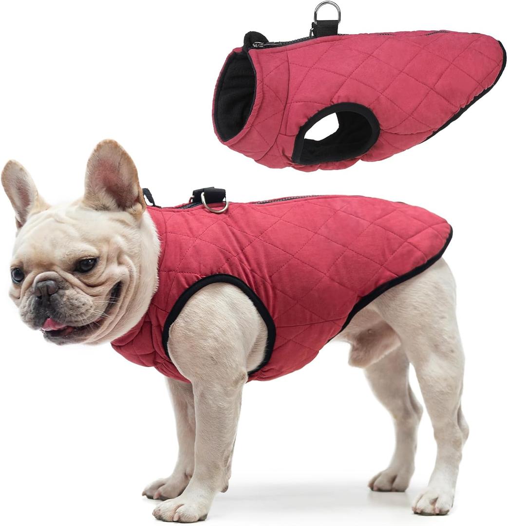 SCENEREAL Winter Dog Vest Coat with Harness Built In, Warm Puppy Jacket for Small Medium Dogs, Cold Weather Coat with Zipper, Fleece Puffer Vest Windproof Snow Clothes (L (Chest 19")-Regular, #1 Red - Matte)