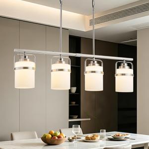 4 Light Kitchen Island Lighting, Brushed Nickel Dining Room Light Fixture with Milk Glass Shade, Adjustable Height Modern Chandelier Pendant Light for Dining Table Living Room