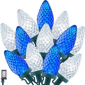 Minetom C9 LED Christmas String Lights - 82ft 100 LED Outdoor String Lights with Timer and 8 Lighting Modes, Plug in Extendable Roofline Lights String for Outside Yard Christmas Holiday Decoration (Blue and White)