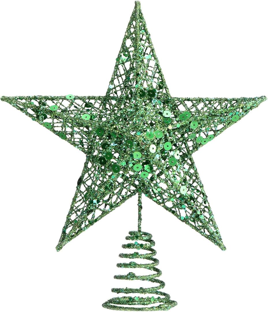 Blulu 10 Inches Green Christmas Star Tree Topper Xmas Tree Topper Glitter Tree-top Star for Christmas Decorations