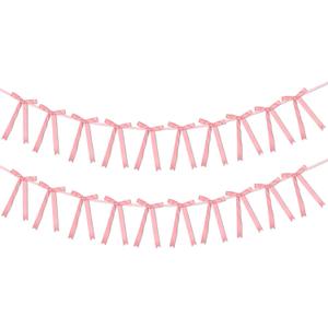 2pcs Pink Bow Garland Banners, Pre-Strung Ribbon Coquette Party Decorations for Birthday Bridal Shower Bachelorette Wedding & Baby Shower Decor