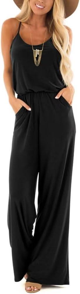 Lacozy Womens Casual Loose Sleeveless Spaghetti Strap Wide Leg Pants Jumpsuit Rompers (Large, Black)