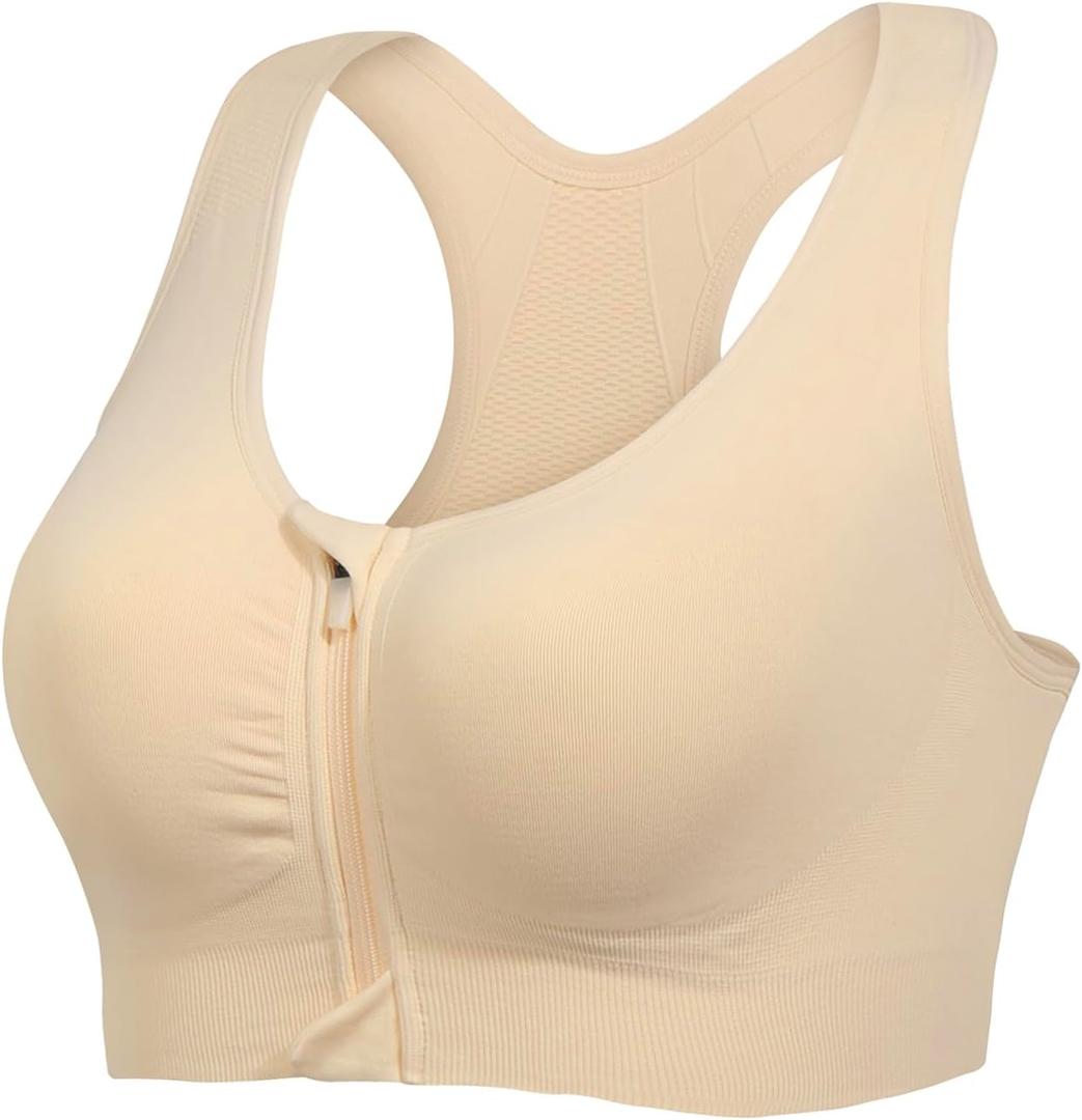 Lemef Front Zipper Sports Bras for Women Wirefree Post Surgery Bra Front Closure Racerback Compression Mastectomy Bras Large