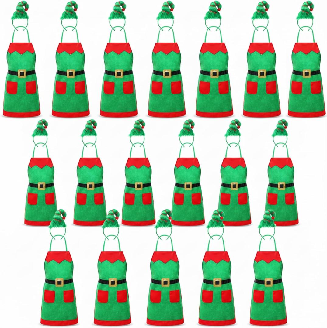 Toulite 36 Pcs Christmas Elf Aprons and Elves Headband Sets Bulk Elf Costume Headwear for Christmas Party (Green)