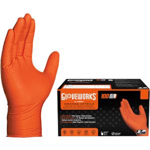 GLOVEWORKS HD Industrial Orange Nitrile Gloves with Raised Diamond Texture Grip, Box of 100, 8 Mil, Size Small, Latex Free, Powder Free, Textured, Disposable, Food Safe, GWON42100BX