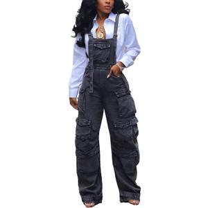 YOOTIKO Women Denim Overalls Jean Jumpsuit Cargo Pants Baggy Straight Leg Bib Jean Romper Streetwear (Black, XXL)