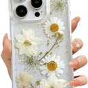 LSEEKA for iPhone 16 Pro Clear Case with Pressed Real Flowers Design,Glitter Cute White Floral Pattern Slim Soft TPU Protective Women Girl's Phone Cover for iPhone 16 Pro