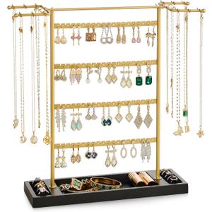 Pinzoveco Jewelry Organizer, 4 Tier Earring Holder Organizer with Base Tray, Jewelry Holder Organizer Stand for Necklaces Holder, Rings, Bracelets, Jewelry Display and Storage, Golden & Black