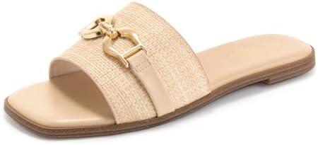 Rihero Women's Flat Sandals Summer Comfortable Square Open Toe Slip On Leather Slide Sandals, Size 10