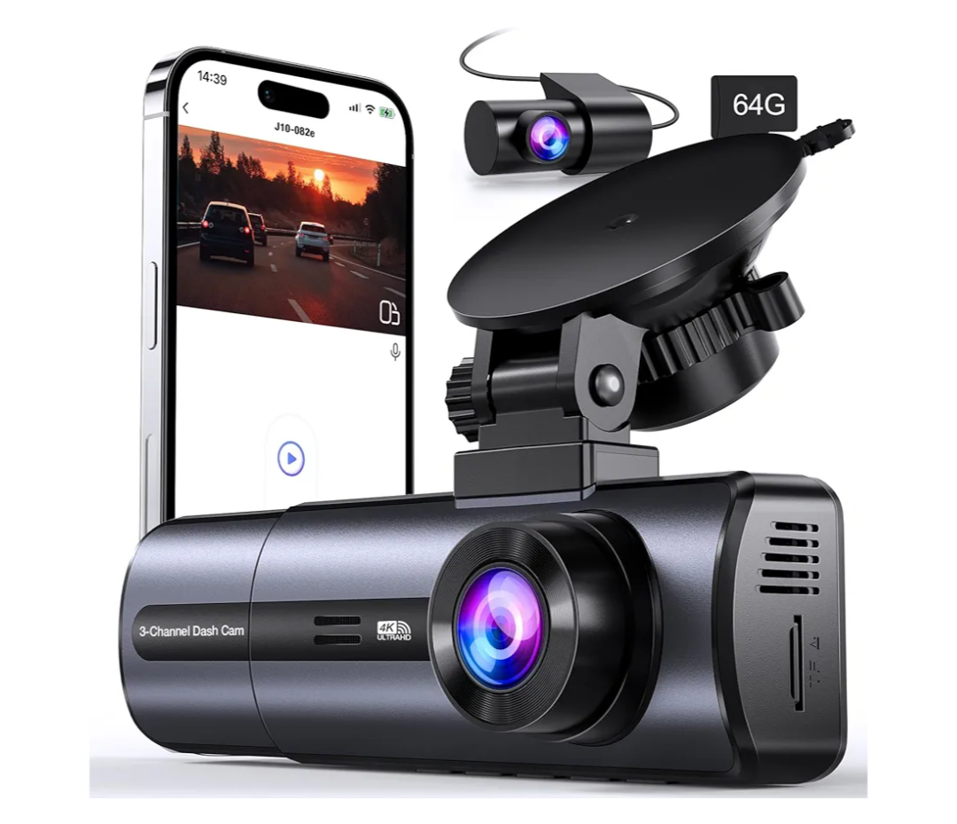 3 Channel 4K Dash Cam with 5GHz WiFi & APP Control, 4K/2.5K+1080P+1080P Front Inside and Rear, Triple Dash Camera with 64GB Card, G-Sensor, 24 Hours Parking Mode, Loop Recording, Night Vision