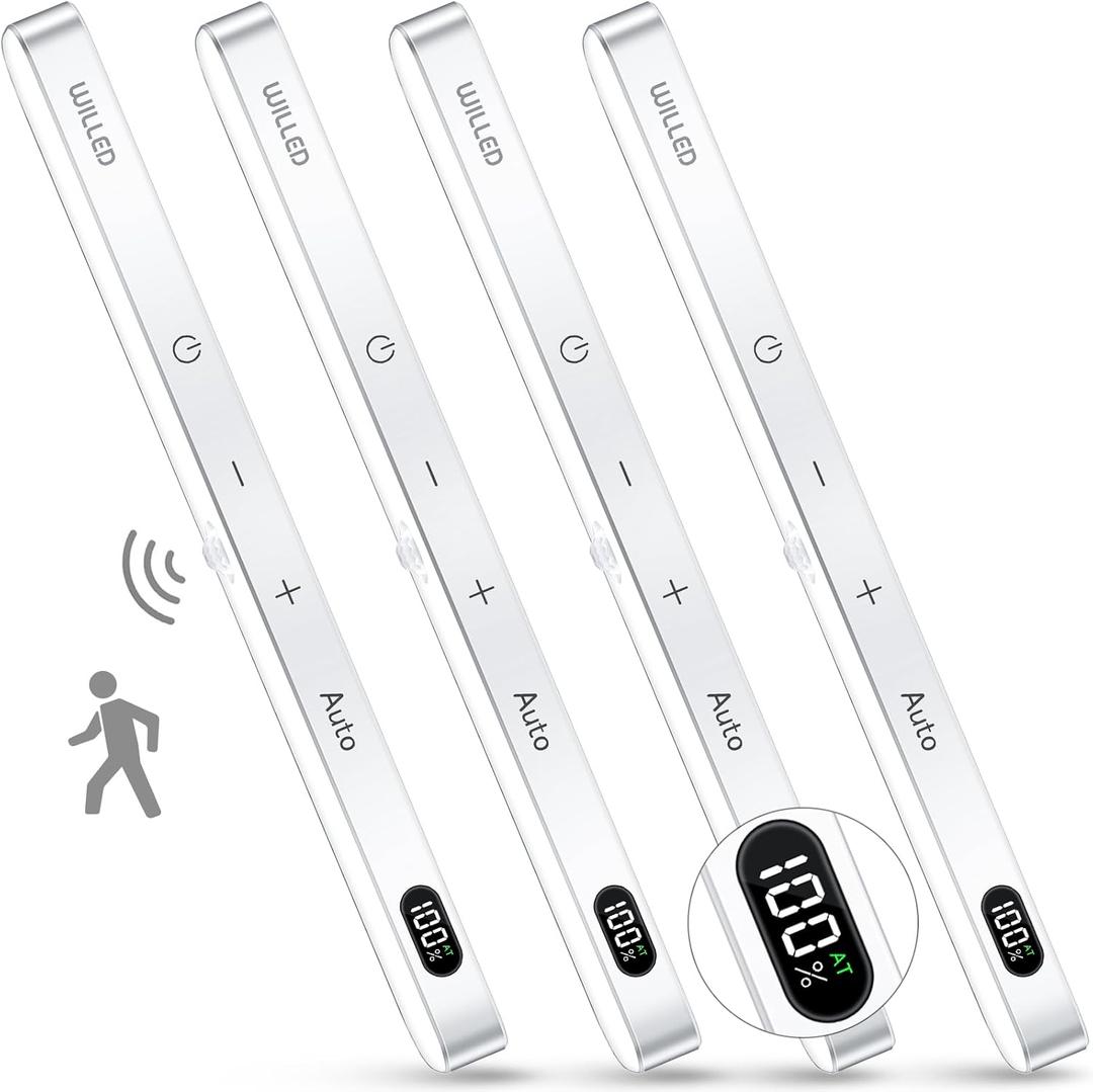 WILLED Motion Sensor Light Indoor, Battery Display, 60 LED Touch Light Bar, Under Cabinet Lights Rechargeable, Battery Operated Closet Light Wireless, Stick on Under Counter Lights for Kitchen(4 Pack) (Cool White 6000K)