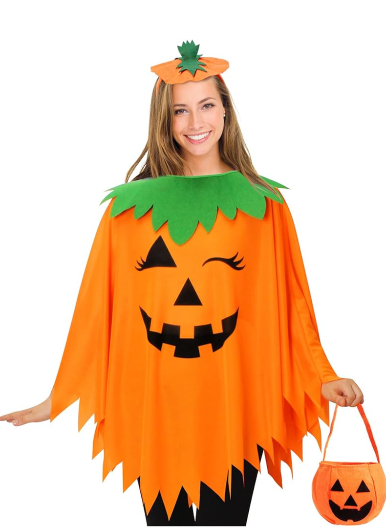 2 PCS Pumpkin Costume for Women, Adults Halloween Costume for Women,Pumpkin Poncho with Headband&Bag