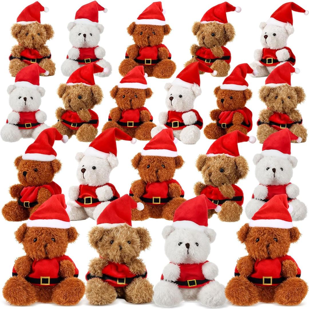 Liliful 20 Pcs Mini Christmas Plush Bear Toys Christmas Stuffed Animals Bear Bulk with Xmas Hat and Clothes Small Xmas Stuffed Plush Toy Bears for Xmased Holiday Birthday Party Decorations Gifts
