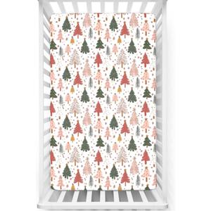 Christmas Fitted Crib Sheet - Holiday Winter Cartoon Christmas Tree Pattern, Standard Mattress Sheet for Toddler Bed, 28" x 52", Multicolor