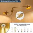 Gold 2-Light Plug in Wall Sconce, Big Adjustable Swing Arms Wall Light Fixture for Living Room Bedroom Bedside Wall Light Adjustable Swivel Arms Extendable Length 22 to 58