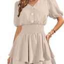 AGERWAY Womens Rompers Summer Casual Short Sleeve V Neck Dressy Layered Ruffle Hem Smocked Waist Jumpsuits One Piece Outfits (Beige, S)