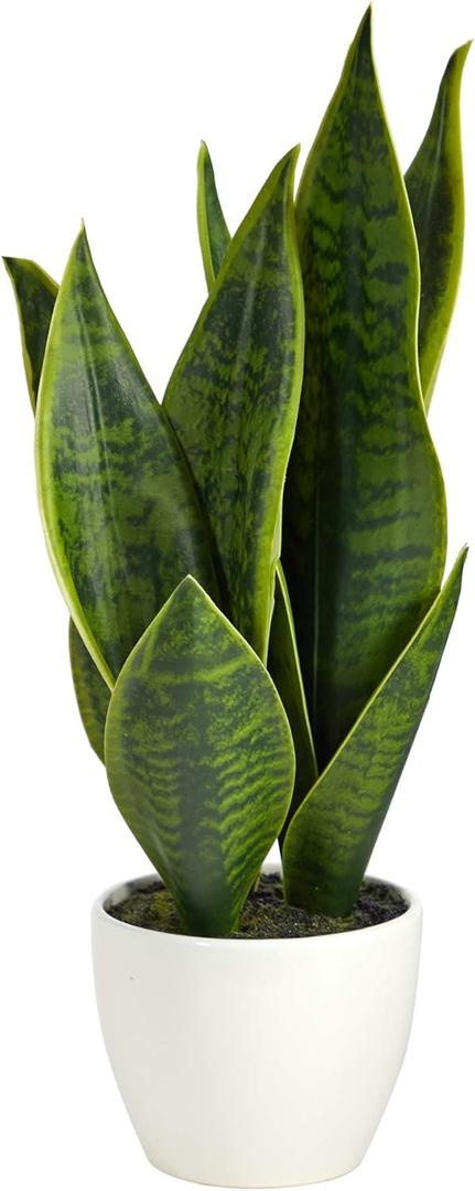 Nearly Natural 16-in Artificial Snake Plant Sansevieria, Faux Snake Plant for Indoor Home Decor in White Decorative Planter, Fake Plant for Desktop or Table Top