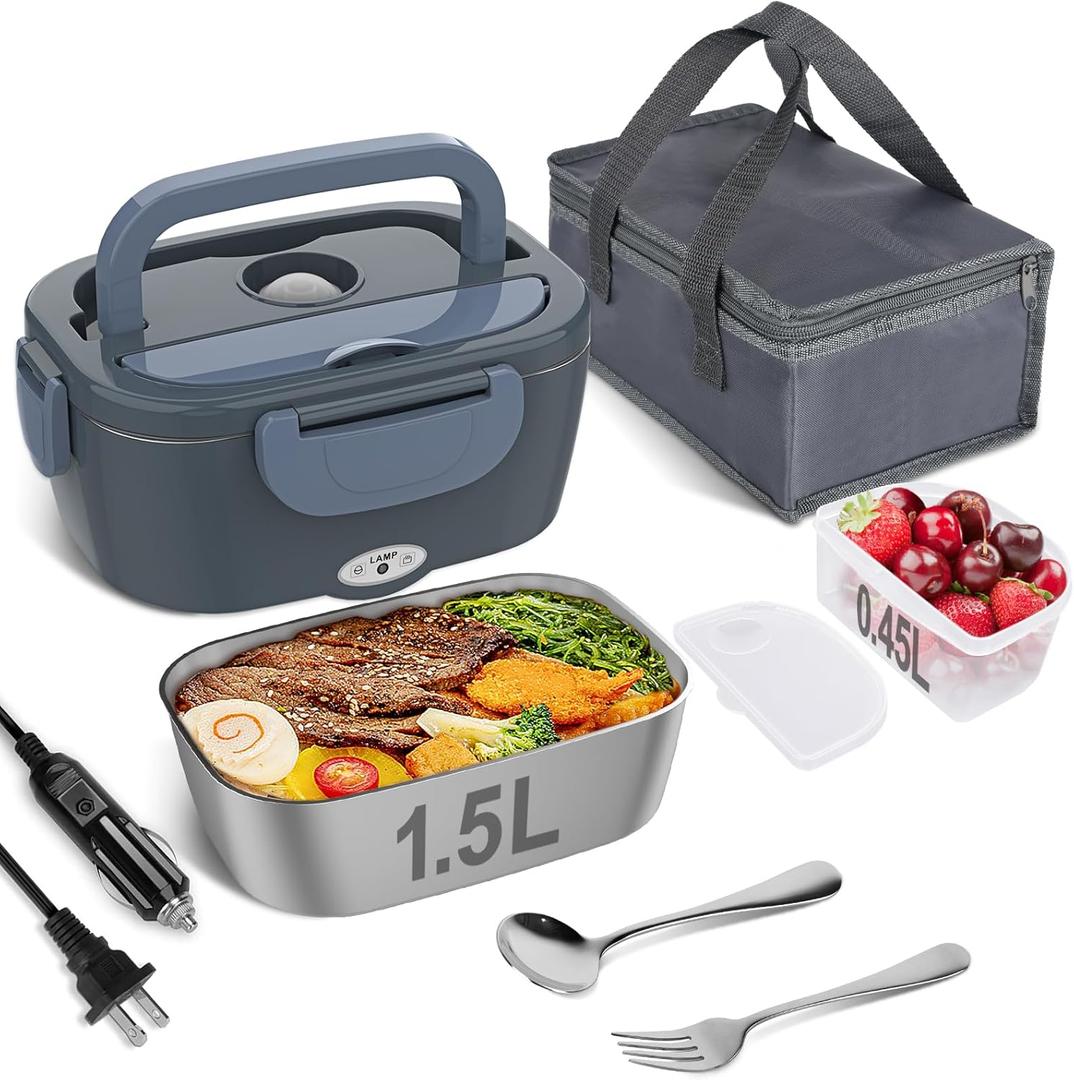 Vabaso Electric Lunch Box Food Heater, Electric Heating Lunch Boxes Lunch for Adults/Men/Car/Truck/Work, 1.5L Removable 304 Stainless Steel Container, 80W, 110V/12V/24V, with Fork & Spoon (Blue Gray)