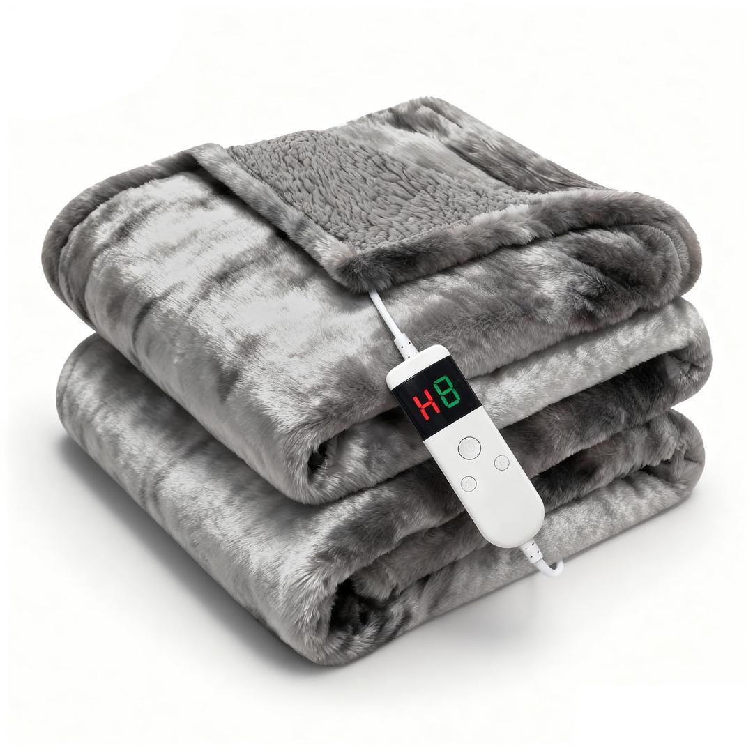 Cushious Electric Heated Blanket Twin 62''x84''Size Faux Fur Heating Blanket 10 Heating Settings, 18h Timer & Overheat Protection, Machine Washable, Soft Flannel and Sherpa Full Body Warmth