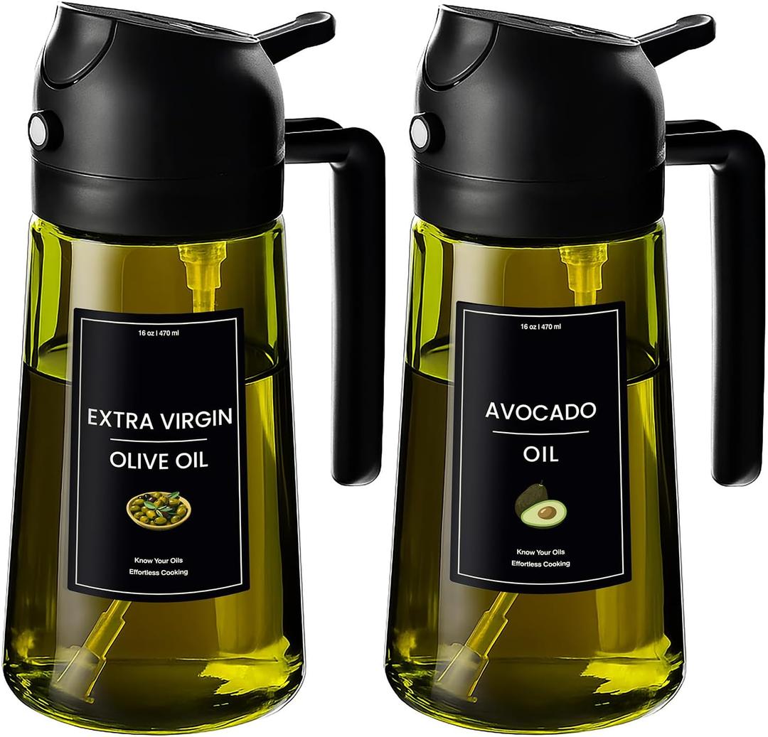 CXINYI - 16oz/470ml Olive Oil Dispenser for Kitchen with Stickers - 2 in 1 Olive Oil Sprayer for Cooking, Air Fryer, and Salad, 2 Black (Light-Proof Kitchen Gadget)